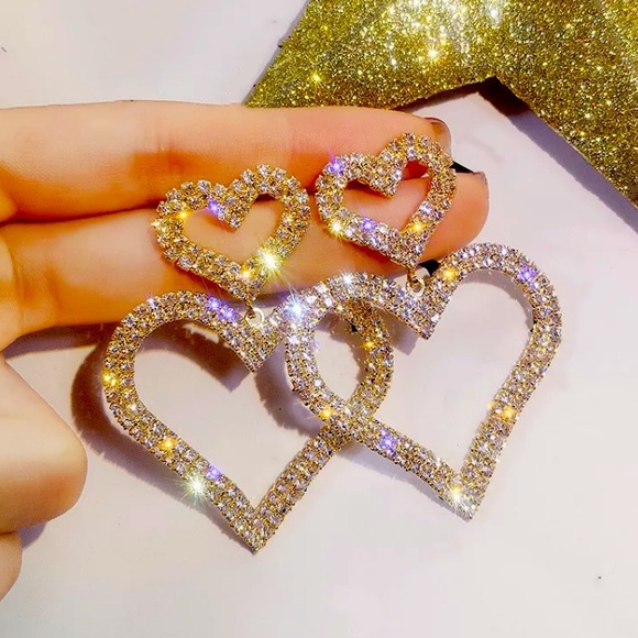 Gold Tone Rhinestone Heart Earrings - Picture 2 of 5